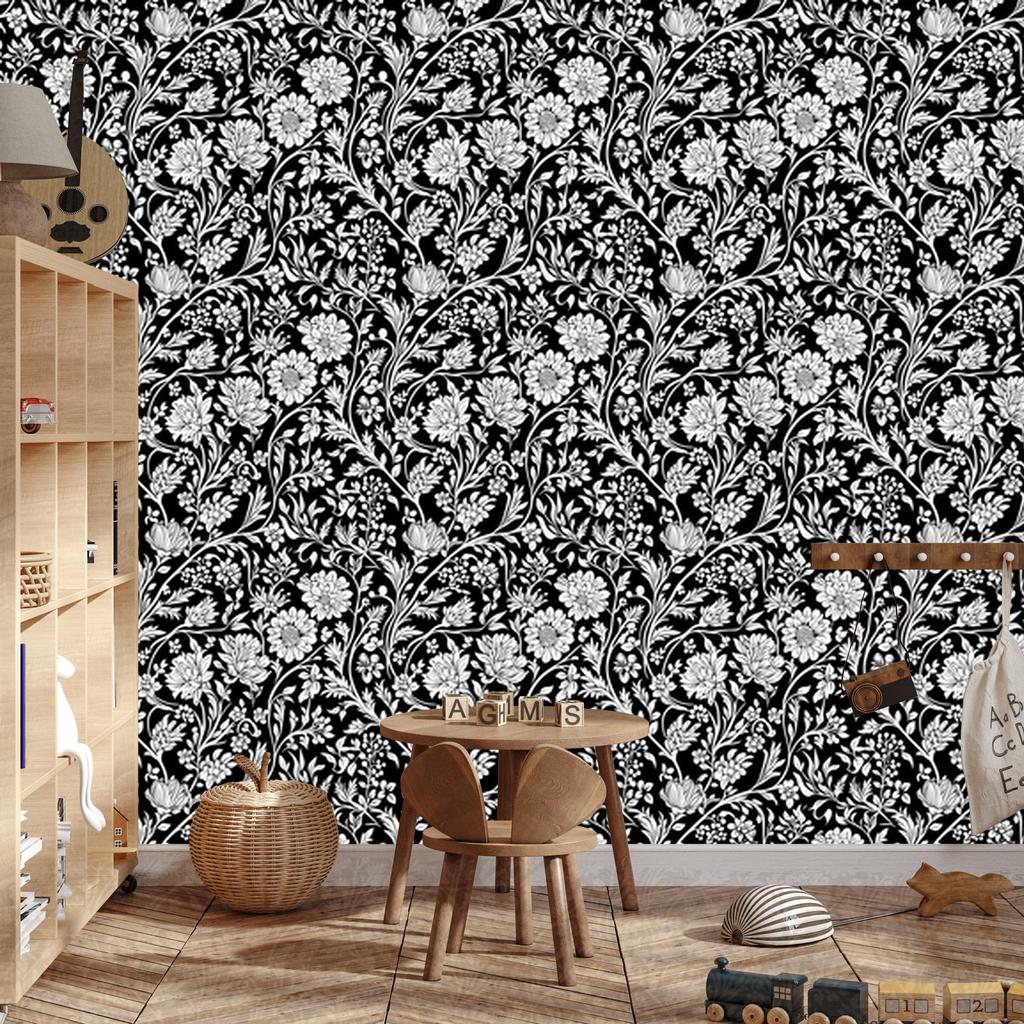 Wallpaper Black and white flowers graphite, gray and light gray 50x1000