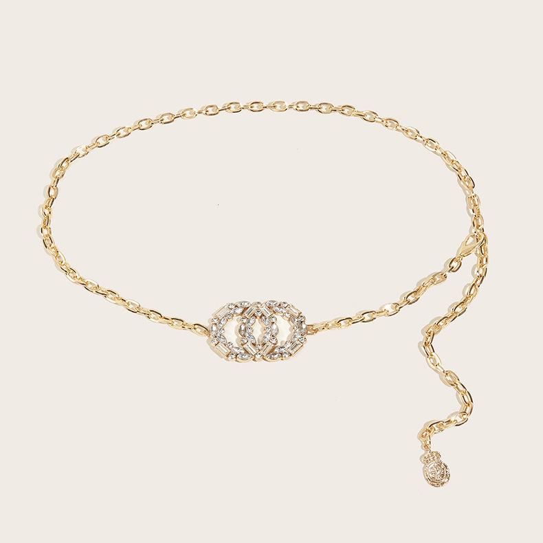 

Металлическая цепочка на талию Женские аксессуары Двойная круглая пряжка со стразами Модная цепочка Spice Girl Цепочка для платья Ремень-цепочка