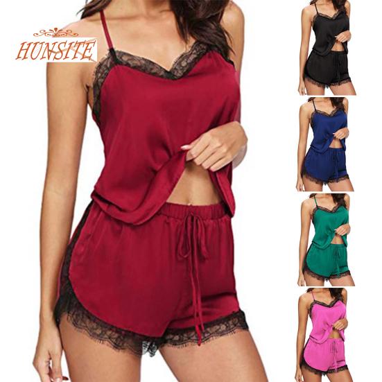 

2 шт./компл. женский пижамный комплект, однотонный кружевной лоскутный комплект с v-образным вырезом, женская ночная одежда для дома