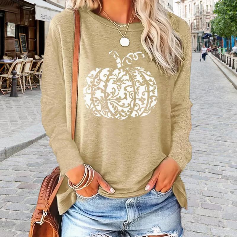 

Топы для женщин с принтом тыквы и круглым вырезом, футболка с длинным рукавом, осенний повседневный тонкий пуловер, женский топ с длинным рукавом 8XL жёлтый