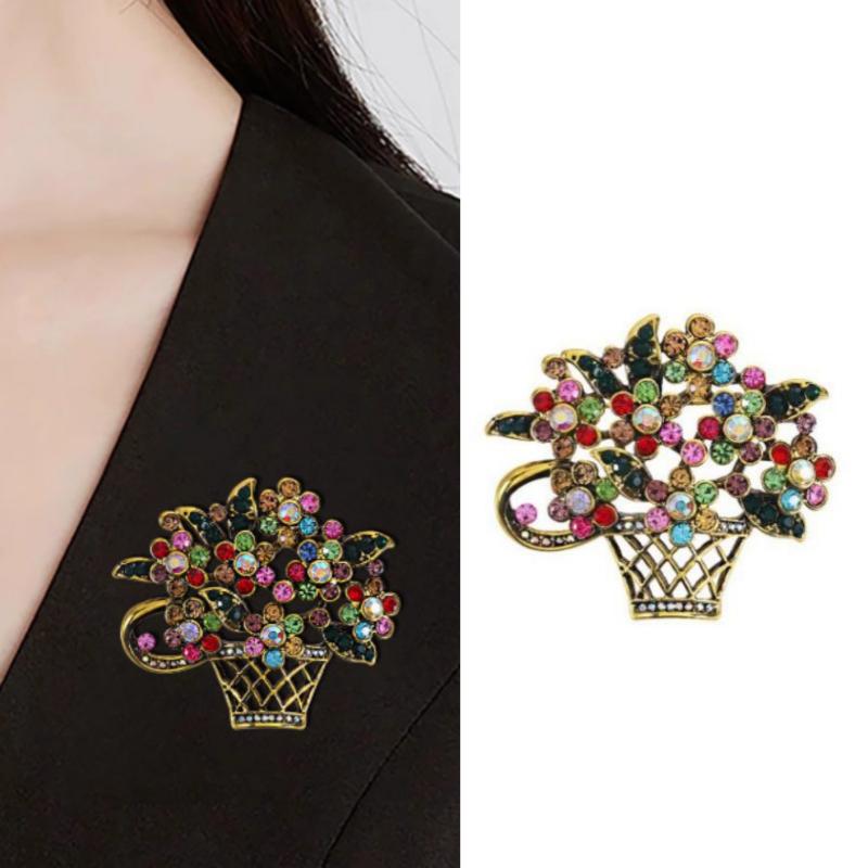 Vintage Colored Rhinestone Flower Basket Brooches Women Beauty Sparkling Flower Brooch Wedding Party Banquet Casual Jewelry Gift