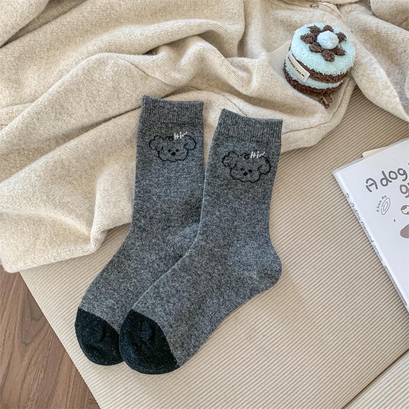Autumn and Winter Puppy Grey Series Contrasting Color Mid-calf Warm Wool Women's Socks Cartoon Cute School Style Comfortable