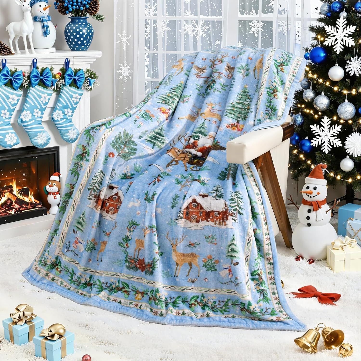 

Christmas Santa Reindeer Snow Scene Throw Blanket Holiday Design for Living Room Decor Gift for Her FestiveStyle 70x100cm28x39in