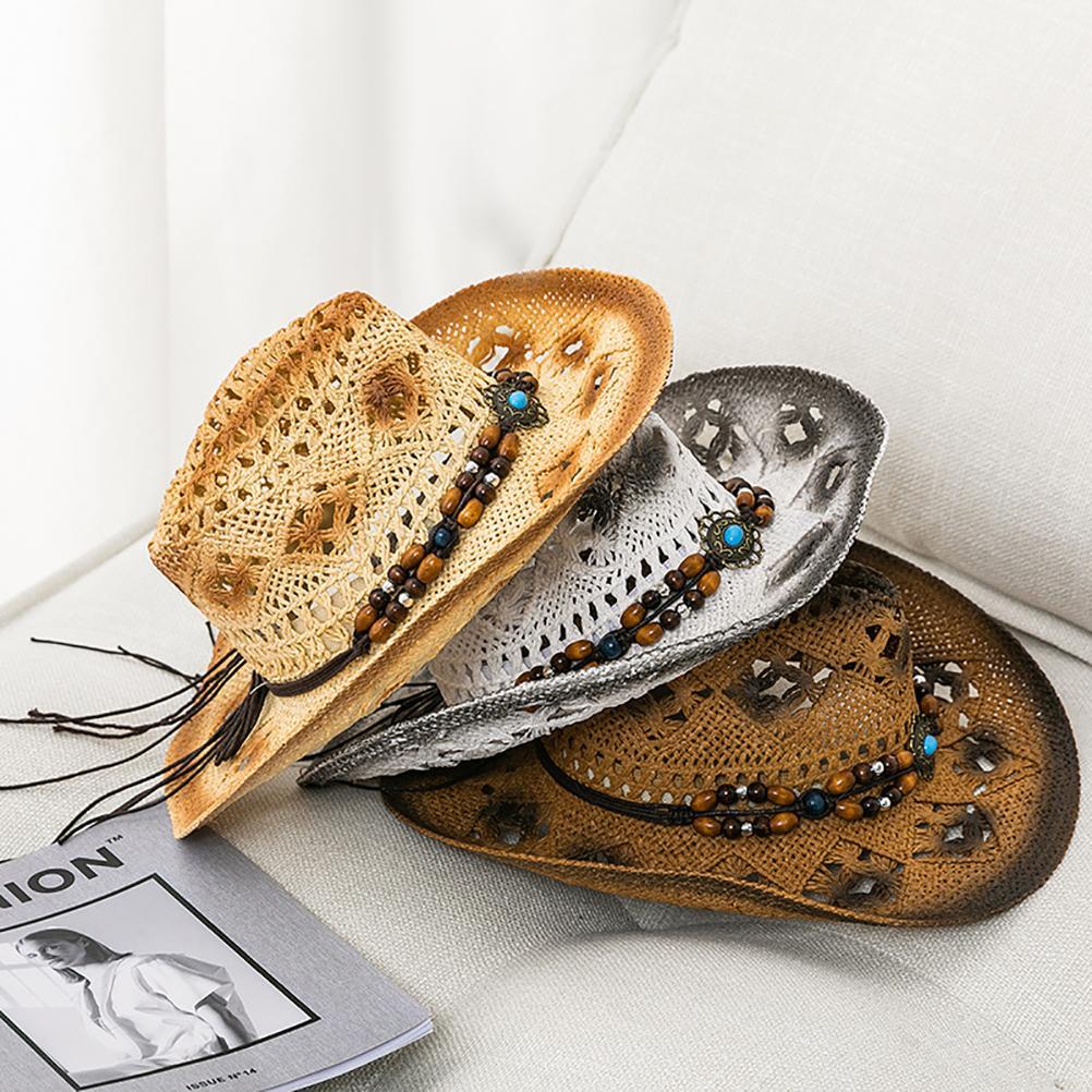 Halm cowboy cowgirl lue for menn kvinner bred skygge hul pustende solhatt med perlebånd