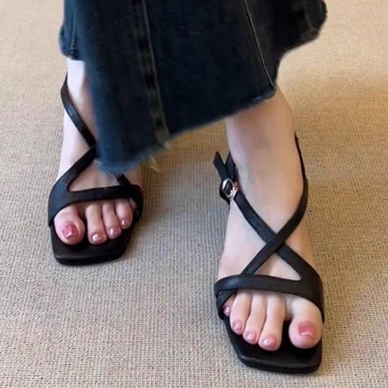 Fashion New Wedge Sandals Summer Outward Wear Square Toe Open Toe Crossover Thin Strap Buckle Temperament Not Tired Feet Roman Shoes