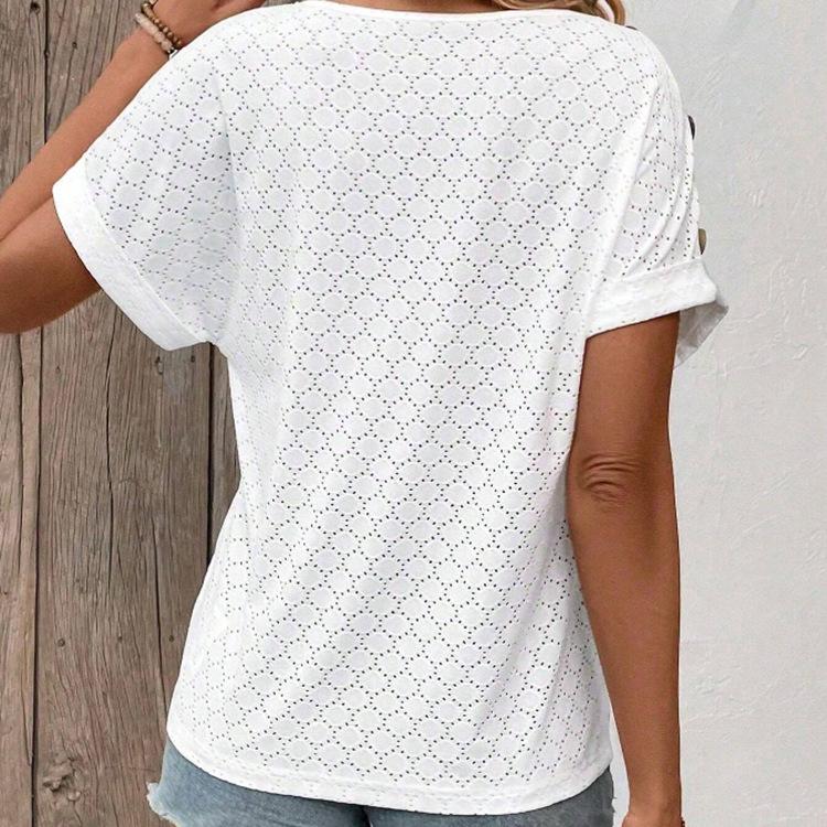 Ladies Summer V Neck Button Short Sleeve Breathable Hollow Solid Color Pullover T Shirt Top