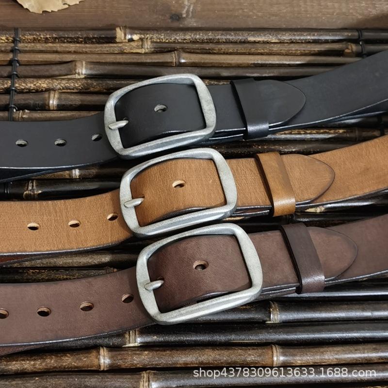 3.8Cm Wide American Handmade Retro Men'S Belt, The First Layer Of Pure Cowhide, Old Steel Buckle Genuine Leather Jeans Belt