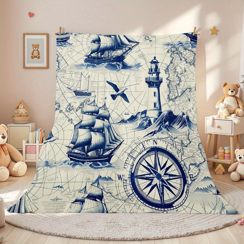 1pc Nautical Ship Lighthouse Steering Wheel Theme Flannel Throw Blanket, Soft & Warm Plush, Ultra Cozy, Perfect for Living Room