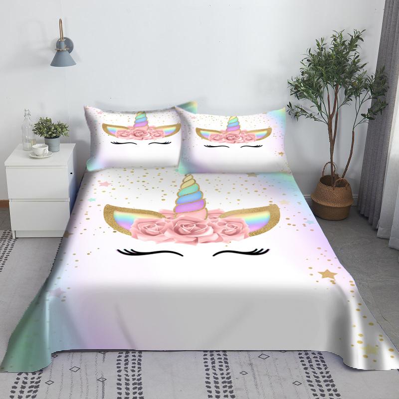 Pink Unicorn Sheet 3D Printed Cartoon Polyester Bed Flat Sheet With Pillowcase Kids Girls Children Bedding Gift