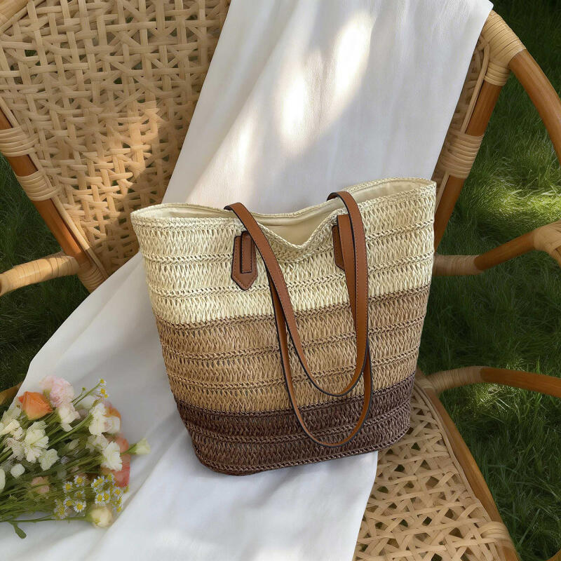 Stylish Woven Straw Tote Bag with Leather Handles Large Capacity Beach Bag for Women Summer Shopping and Travel