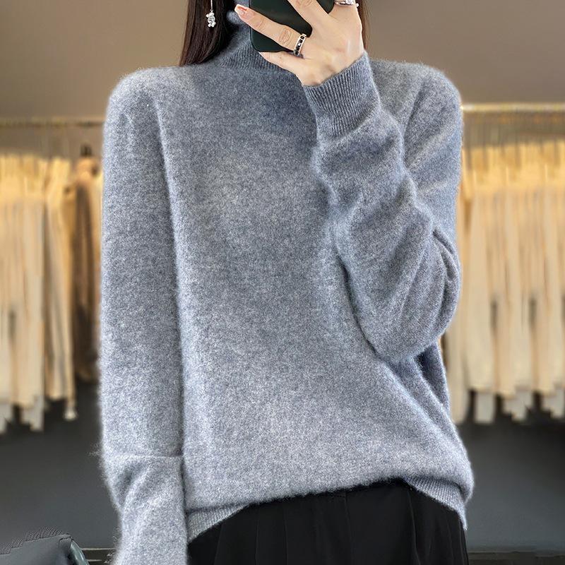 Women's Pure Wool High Neck Loose Pullover Sweater - Solid Color, Slimming, Long Sleeve - Autumn/Winter Collection