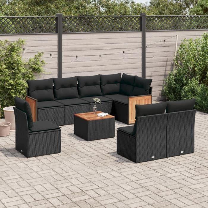 VidaXL Salon de Jardin avec Coussins 9 pcs, Canapés de Terrasse, Ensemble de Meubles de Patio, Mobilier d'Extérieur, Noir 3227728