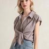 Ladies Summer Short Sleeve Lapel Casual Plaid Printed Blouse Shirt Top