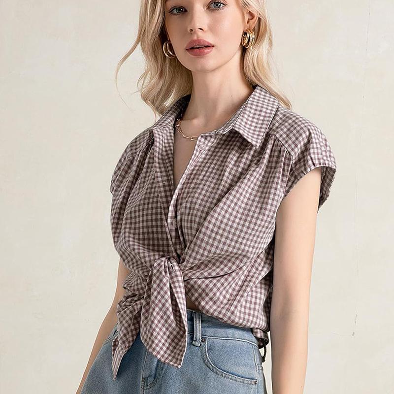 Ladies Summer Short Sleeve Lapel Casual Plaid Printed Blouse Shirt Top