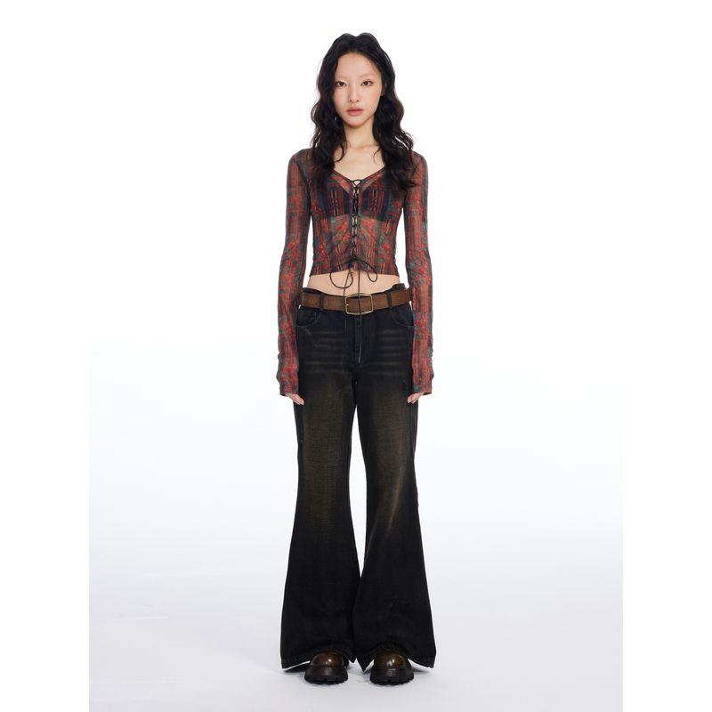 Thelight24 New Arrival Retro Lace Up Totem Print Mesh T-shirt Female Silm Sexy Sexy Figure