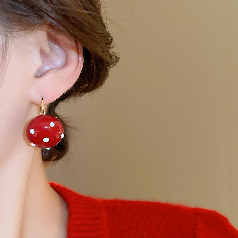 14K Gold Plated Copper Red Enamel Polka Dot Ball Hoop Earrings For Women Girls Casual Fashion Jewelry