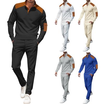 Men's Stand Collar Leather Breasted Pocket Long Sleeve Top Casual Sports Drawstring Pants Set