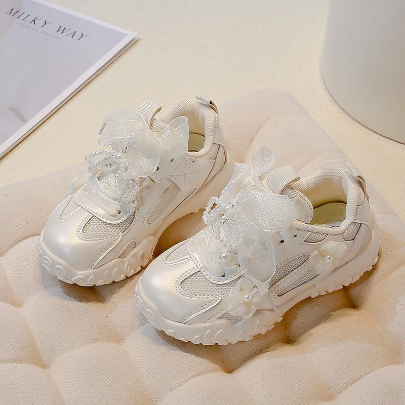 Girls Princess Sports Shoes Non-slip Flowers Mesh Lace Bow Kids Running Shoes Breathable 2025 New Children Casual Shoes Sweet