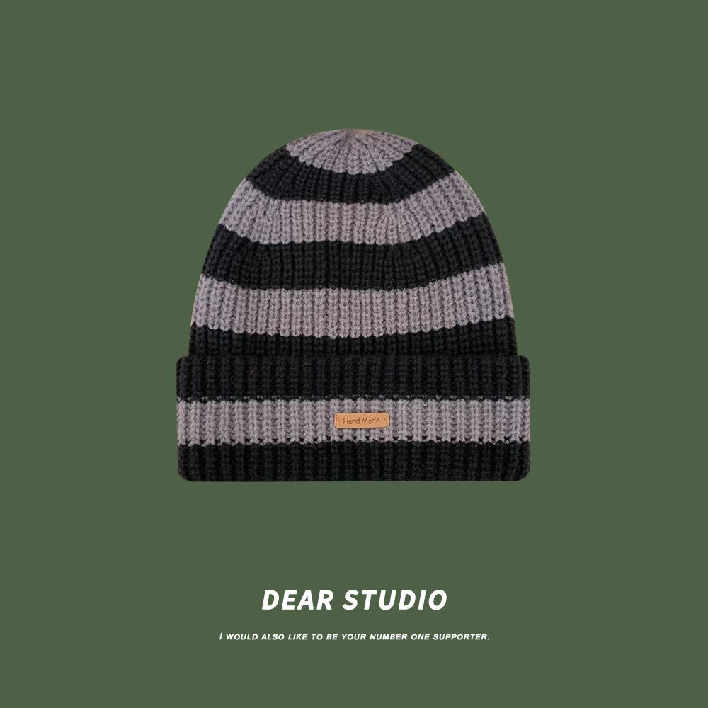 Japanese Striped Letters Small Label Large Version Wool Hat for Women In Autumn and Winter Warm Versatile Big Head Circumference Knit Pile Hat Trend