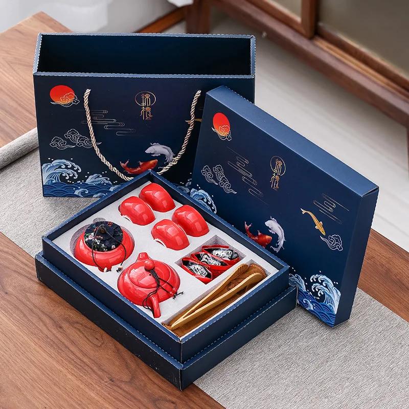 

Chinese Tea Ceremony Ceramic Set One Pot Four Cups with Cans Car Portable Kung Fu Gift Boxed for Friends