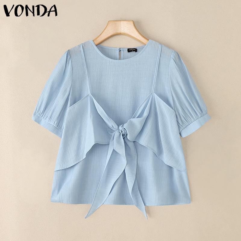 

VONDA Женская блузка с круглым вырезом, коротким рукавом, однотонная, с бантом, имитацией двух частей, повседневная, с оборками S