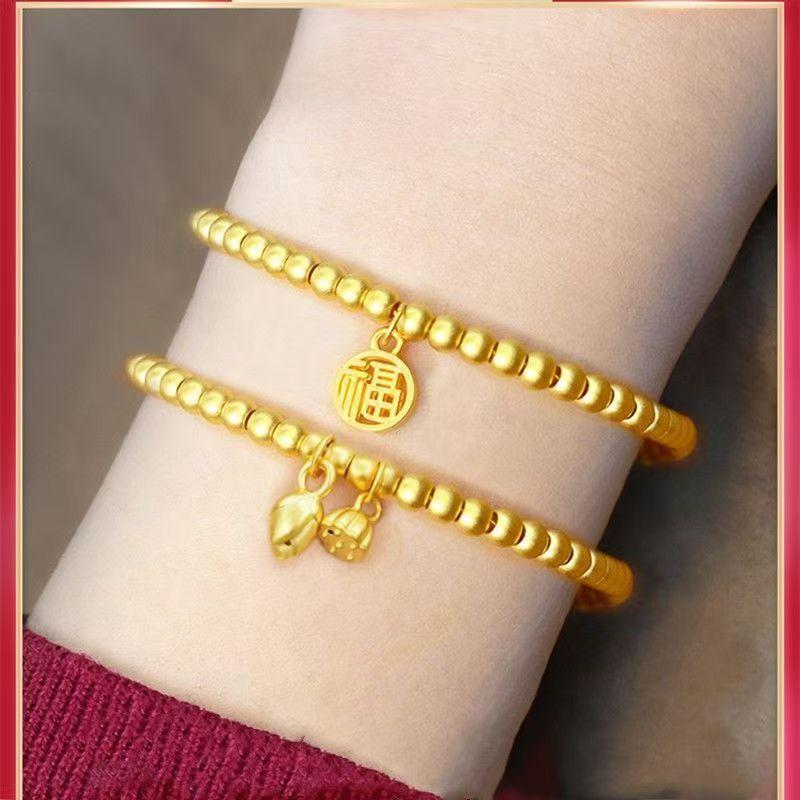 Antique Gold Crafts Elastic Rope Bracelet Classic Chinese Style Circular Fu Character Bracelets for Women Exquisite Jewelry