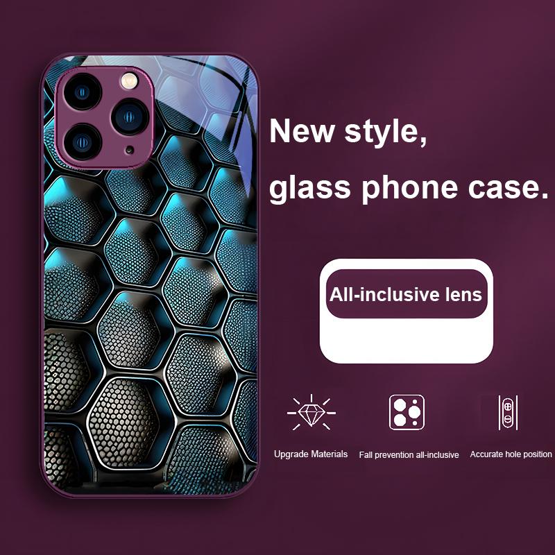 Blue Gradient Grid For IPhone 16 Plus 15 14 13 12 Mini 11 Pro Max X XS XR 7 8 Plus 2022 Tempered Glass Phone Case