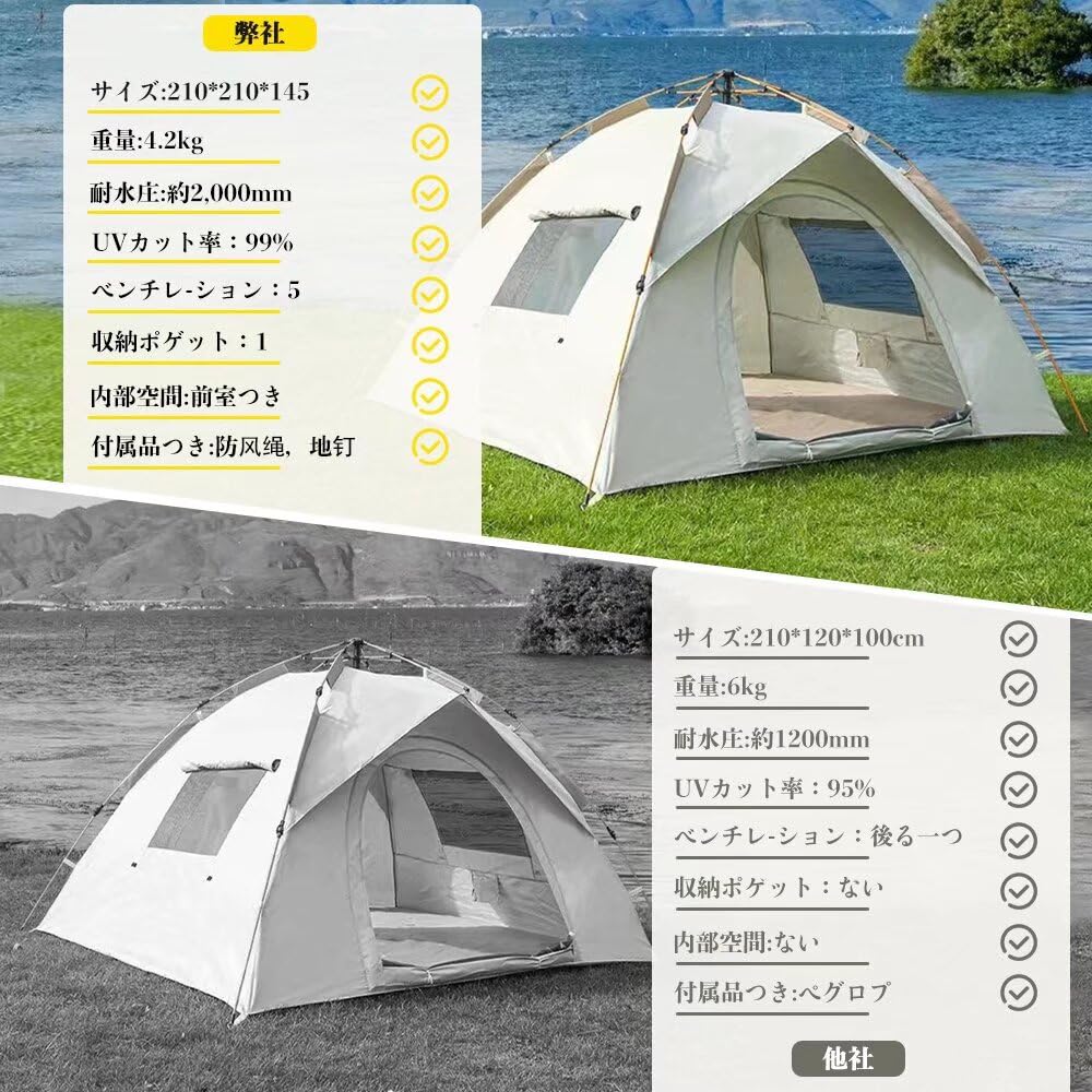 Aasnsn Tenda a Telaio per Campeggio Facile UV Piegatura Rapida Eccellente Ciliegio Disastro Montagna Borsa Portaoggetti Beige One-Touch 3-4 Persone, Tenda, Pop-Up
