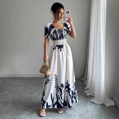 En été, Europe et États-Unis nouvelle manche bouffante taille haute taille impression vêtements pour femmes grande balançoire bretelles robe