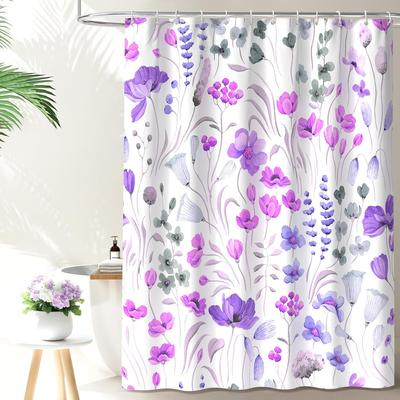 Watercolor Floral Shower Curtain, Flowers Print Spring Bathroom Curtain, Wildflowers Home Décor Machine Washable Bath Curtain