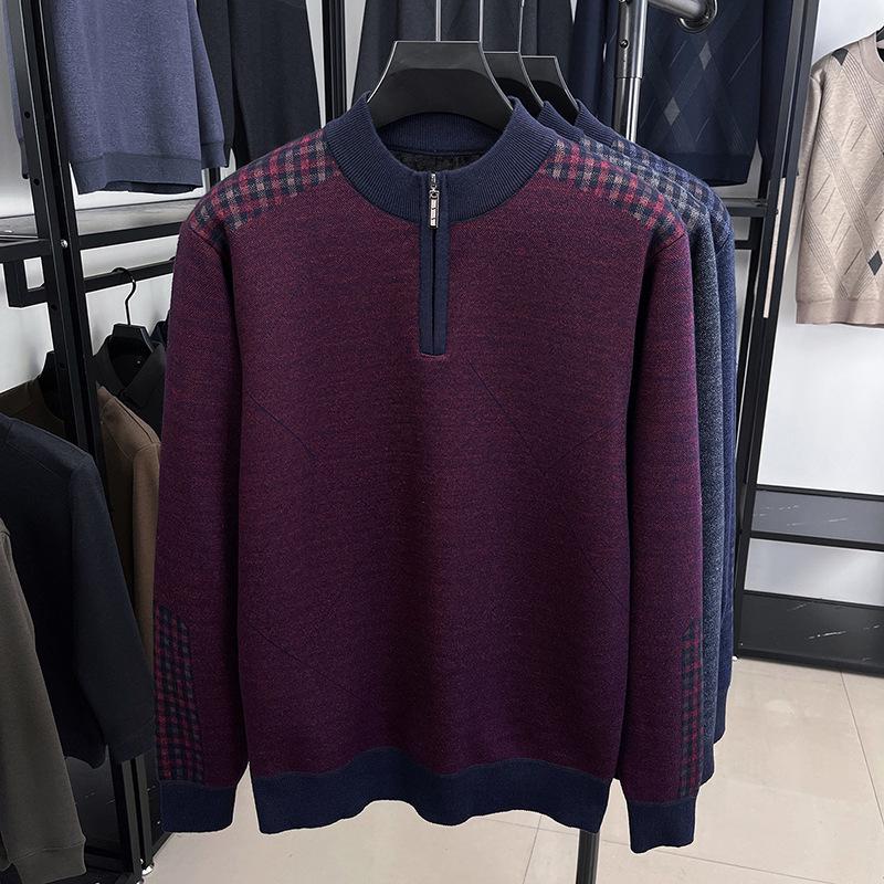 Men's Red Year of the Rat Warm Knit Sweater, Half-High Collar, Dad Style, Winter Wear for Middle-Aged & Elderly.