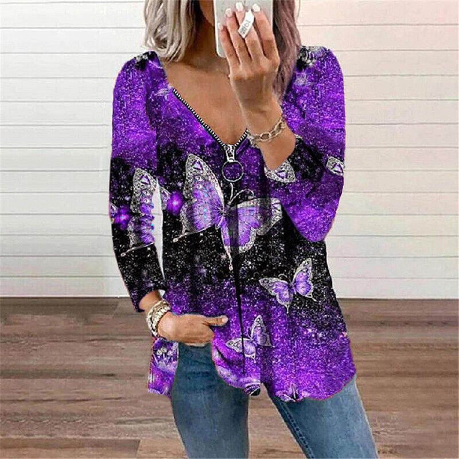 

Women s Long Sleeve Tops V-neck Zipper Pullover Butterfly Print T-shirt Blouse L фіолетовий