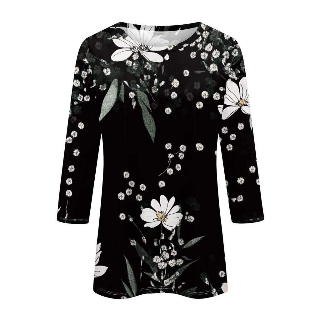 Women's Fashion Casual Three-quarter Sleeve Floral Print Round Neck Top