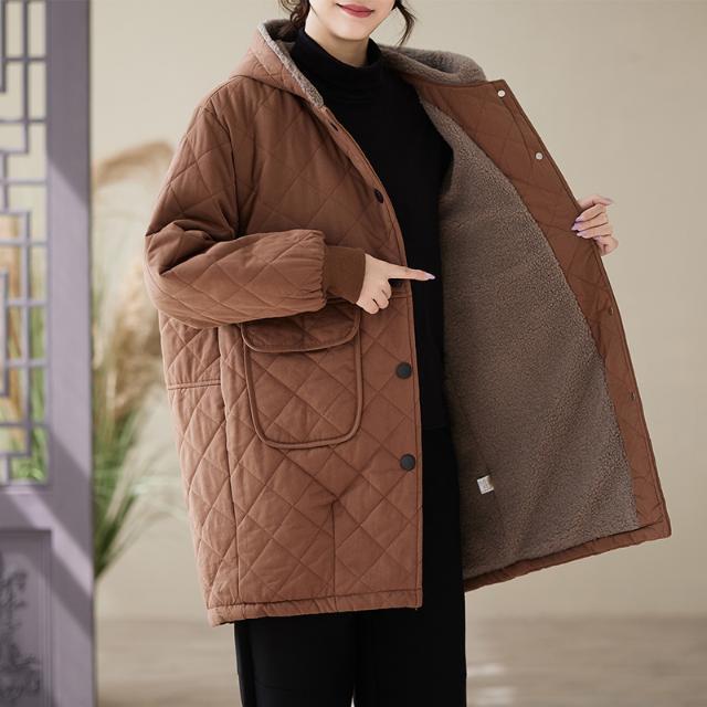 Women's Mid-Length Quilted Cotton Jacket with Hood – Warm Lambswool, Available in Orange-Red, Coffee-Green, Black