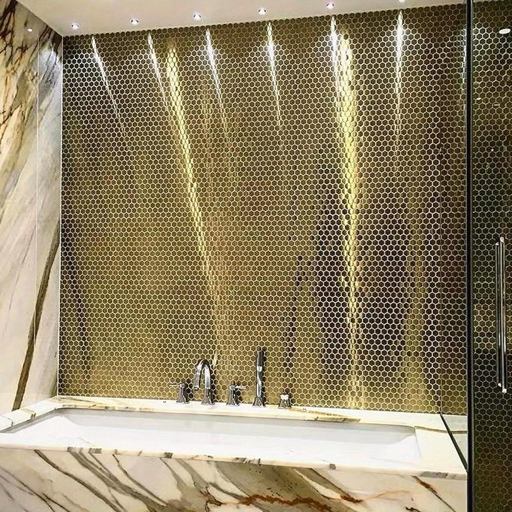 1Pc, Hexagonal, Gold Backsplash Tile, Metal Mosaic Tile Stainless Steel Brushed, Mirror Tile, Kitchen Bathroom Backsplash Shower Floor Wall Decorative