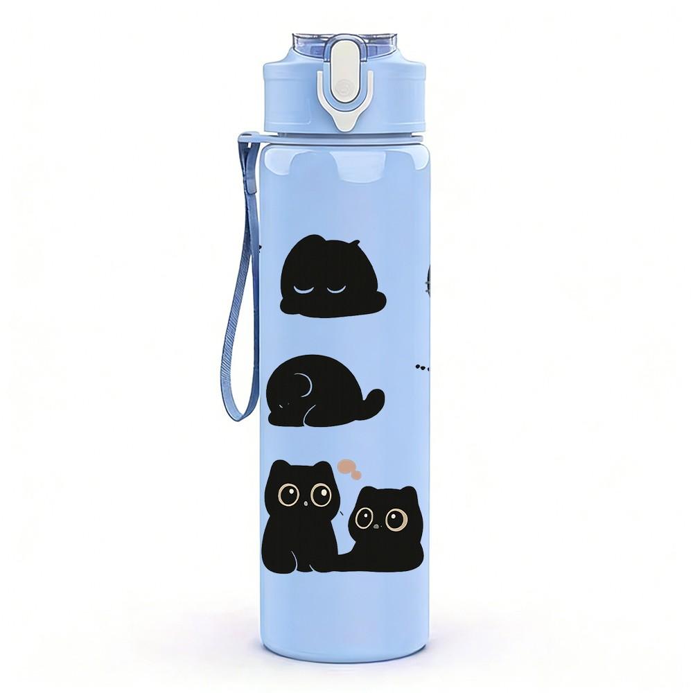1PC Black Cat Face Repeat Pattern 750ml Color Plastic Sports Water Bottle Leakproof Flip Straw Lid Suitable for Sports Office Home Use