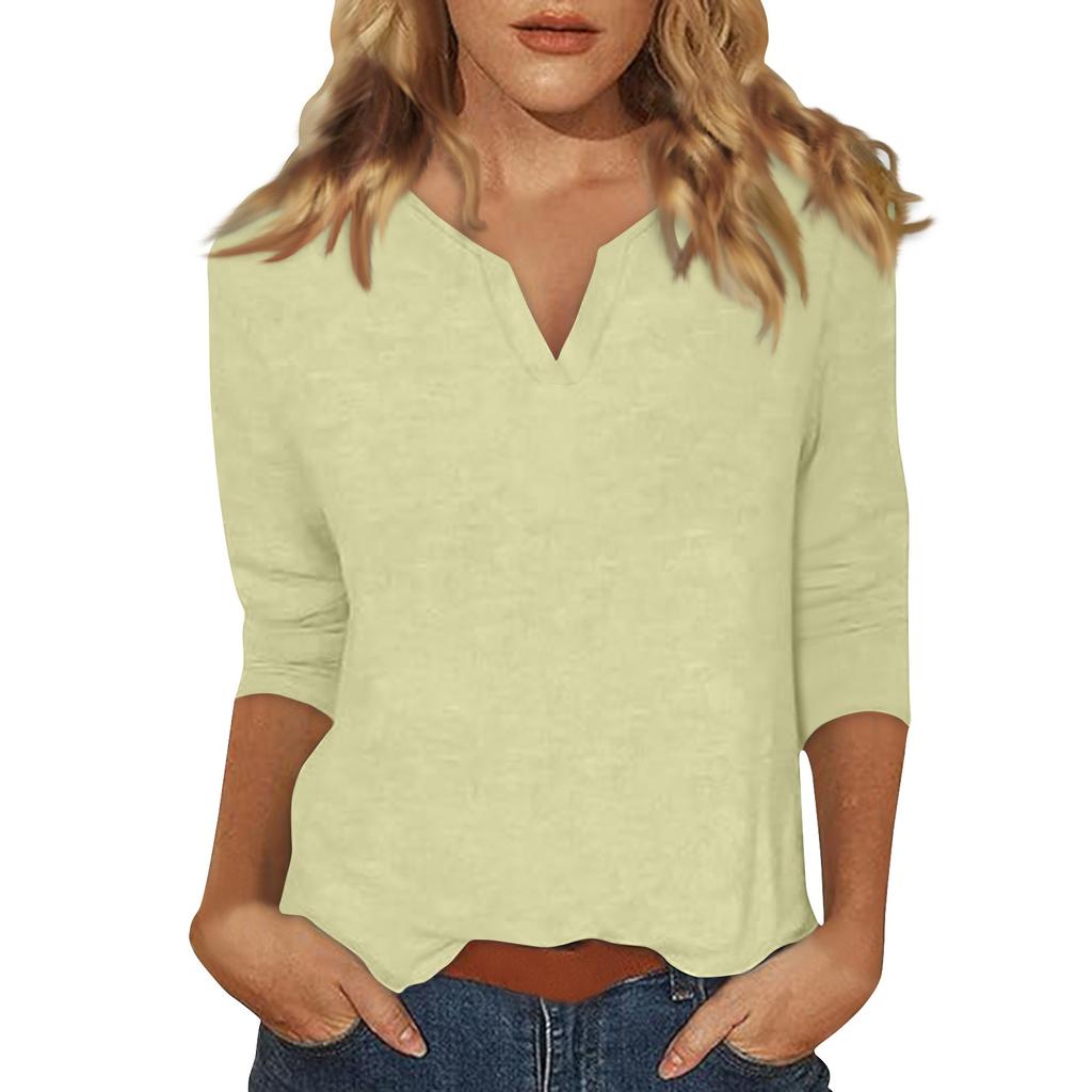 Women's V+ Round-neck 3/4 Sleeve Solid Color Top