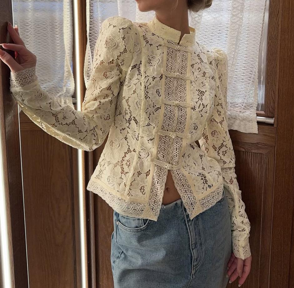 Summer New Women's Top Fashion Temperament Casual Lace Stand-up Collar Slim-fit Shirt