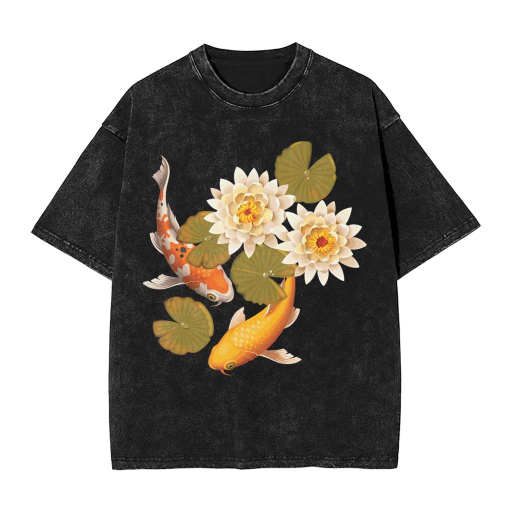 Koi Karpfen Fisch Japanische T-Shirts Gewaschen Kurzarm Harajuku T-Shirts Vintage Herren Damen Streetwear Bedrucktes T-Shirt