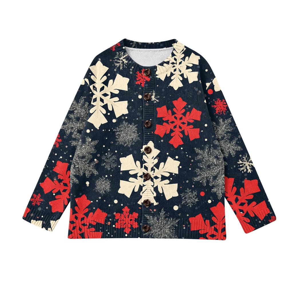 Women's Casual Christmas Print Long Sleeve Button-Up Knit Cardigan Sweater Coat for Holiday Wear