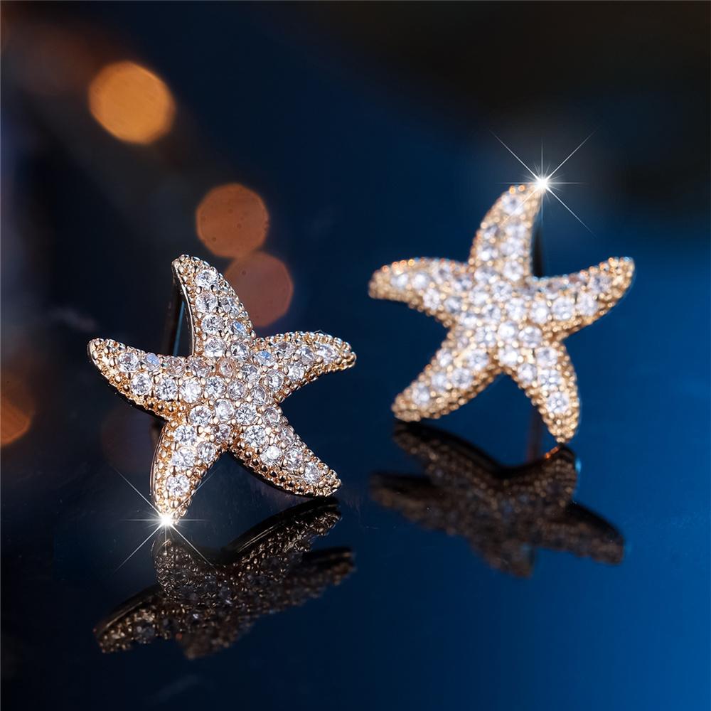 Cute Female Stone White Crystal Starfish Stud Earrings Gold Color Wedding Jewelry For Women