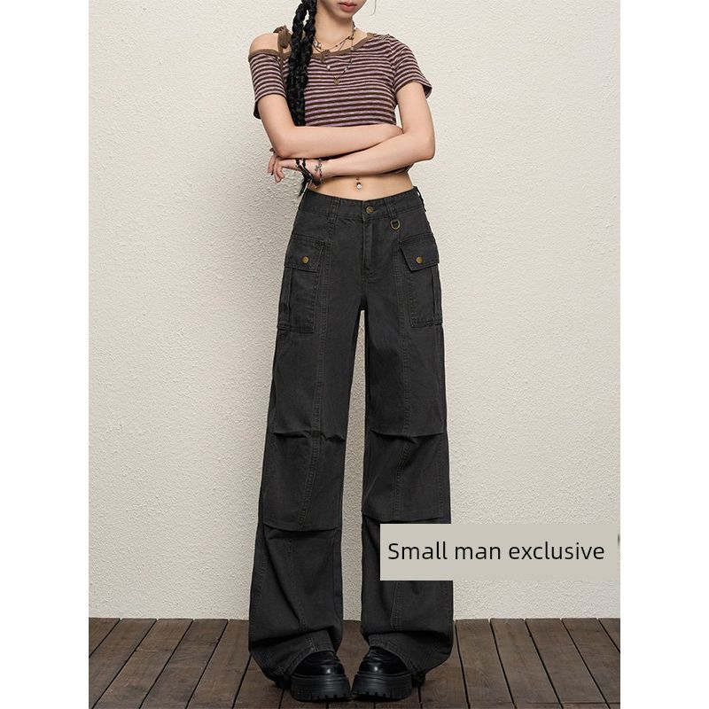 American-Style Small Light Cargo Pants Women's Summer 2025 New Arrival Large Pocket Ruched Summer Loose Feeling Wide-Leg Pants