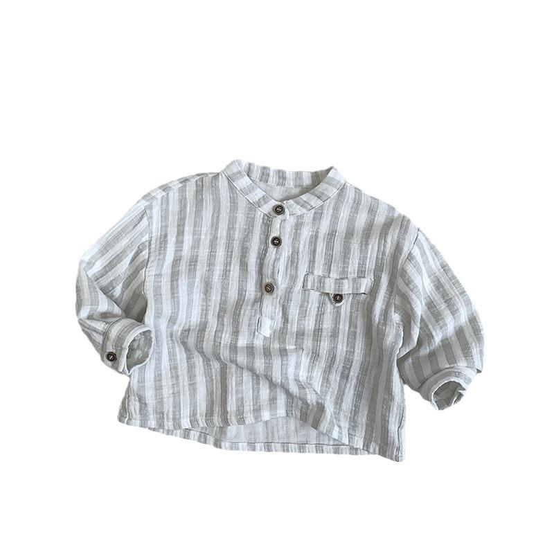 Unisex Kids Casual Vertical Striped Plaid Stand Collar Long Sleeve Children Shirt