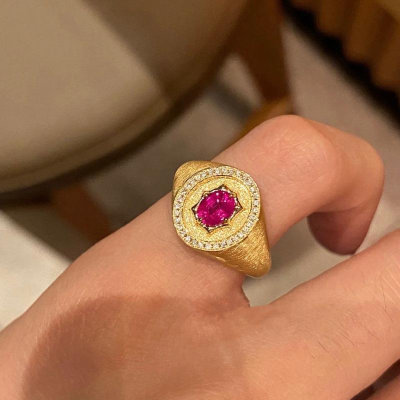 Medieval Brushed Octagram Ring, Female Niche Design Sense, Diamond-Encrusted Ancient Coin, Diamond Ring, Satin Red Corundum Ring
