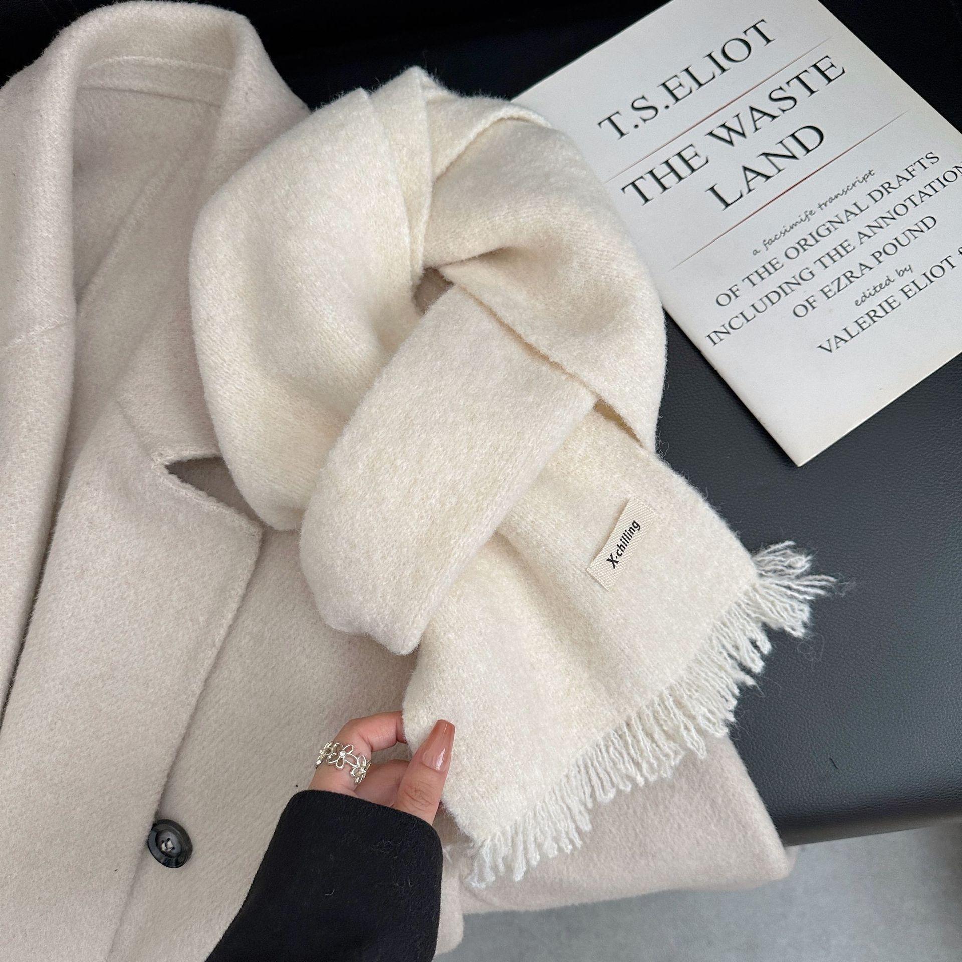 High Quality Solid Tassel Wool Blend Scarf Women Autumn Winter Knitted Thickened Couple Muffler Female Speckled Gray Scarves