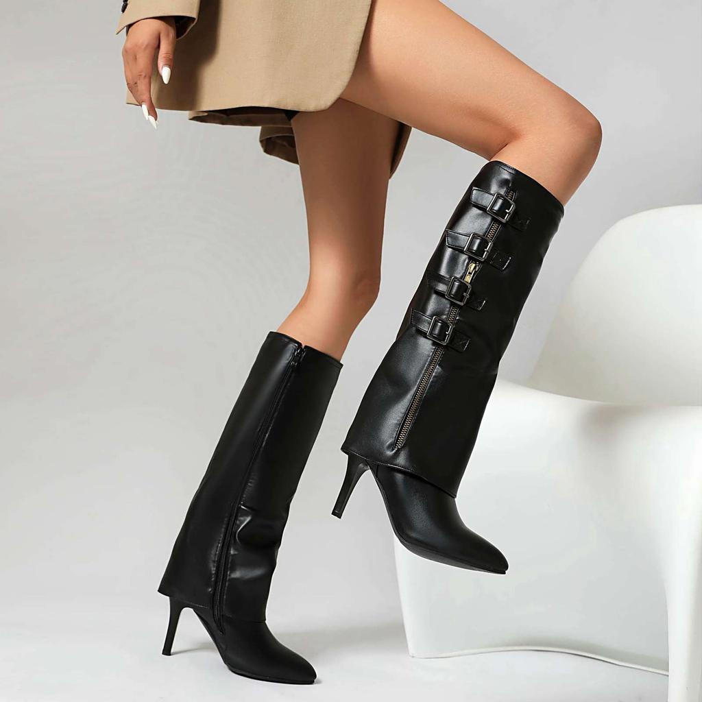 Lenkisen PU Autumn Winter Shoes Pointed Toe Stiletto Thin High Heels Metal square buckle Keep Warm Fashion Knee Boots