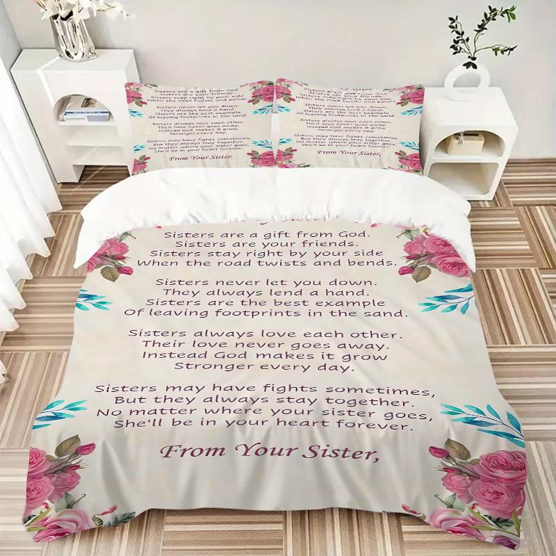 3pcs To My Sister Bedding Set, 1 Soft Quilt Cover + 2 Pillowcases, Machine Washable, Suitable for All Seasons