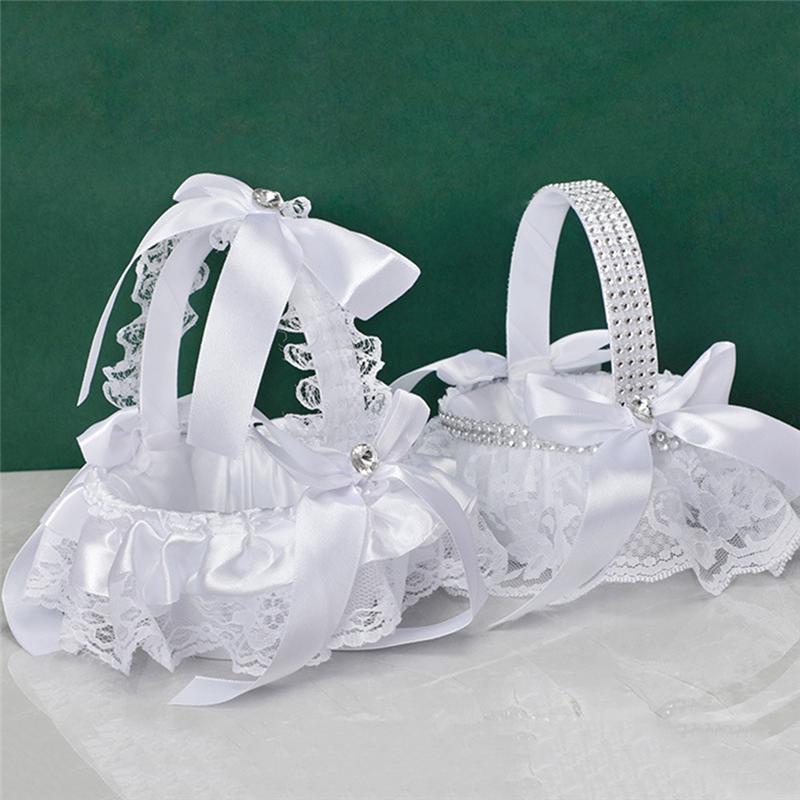 AEE2-2Pcs White Flower Girls Basket Wedding Basket For Flower Bride/Kids Hand Held Wedding Ceremony Party Decorations