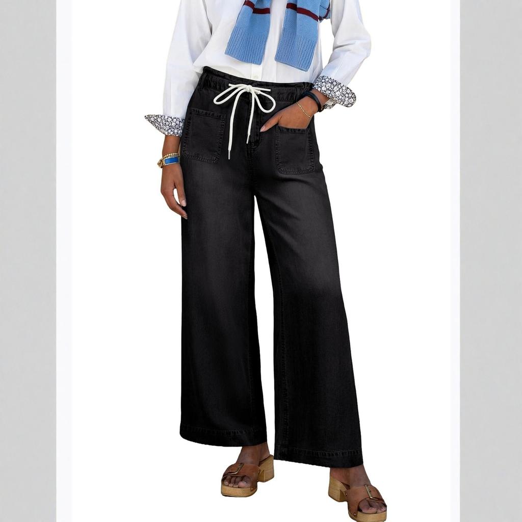 Women's Wide Leg Jeans  Lightweight Straight Leg Baggy Drawstring Denim Pants