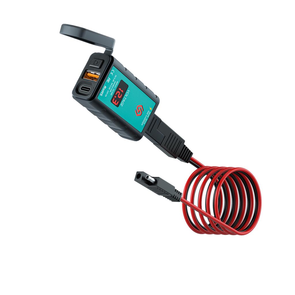 Motorcycle Square Fast Charging Dual USB Charger with Voltmeter Integrated SAE Socket